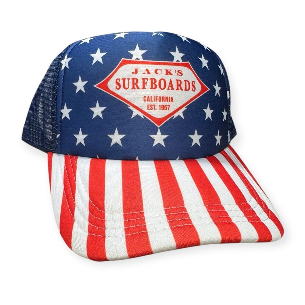 Jacks Surfboards Trucker Hat Cap Mens Snapback Blue Flag 4th‎ Of July